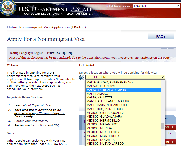 پر کردن فرم ds-160 برای گرفتن وقت سفارت آمریکا در مالزی